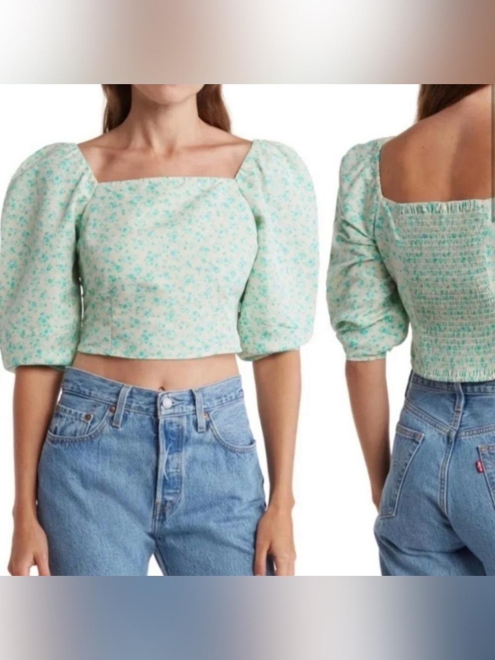 🆕 Levi's Yvie Top Women's Small Crop Blouse Puff Sleeves Smocked Cropped Green